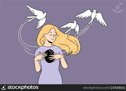 Happy young woman free birds from chest recover from depression or anxiety. Calm smiling girl overcome psychological or mental problems. Healthcare and psychotherapy. Vector illustration. . Young woman free birds from chest