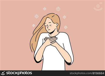 Happy young woman hold hands at chest feel grateful and thankful. Smiling millennial girl show love and gratitude. Vector illustration. . Happy woman with hands at chest feel grateful 