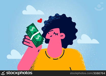 Happy young woman hold pile of dollar banknotes excited with lottery win or victory. Smiling girl with cash money stack overjoyed with earnings or high salary. Finance. Vector illustration. . Happy woman hold money pack feeling excited