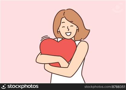 Happy young woman holding big heart in hands feeling positive and cheerful. Smiling girl feel thankful and grateful. Love and gratitude. Vector illustration. . Happy woman hold heart in hands 