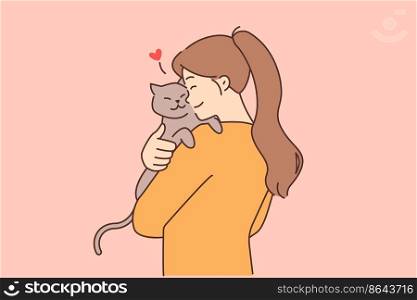 Happy young woman holding in arms fluffy cat show love and care to pet. Smiling girl cuddle kitten. Domestic animals and ownership. Vector illustration. . Happy girl hold cat in arms 