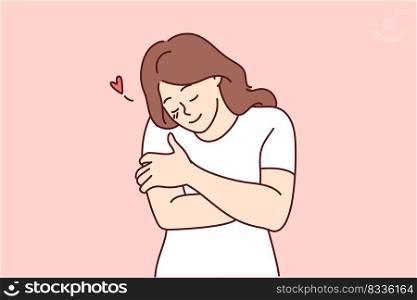 Happy young woman hugging herself show self-love and care. Smiling girl embrace body feeling secure and body positive. Vector illustration. . Happy girl hug herself