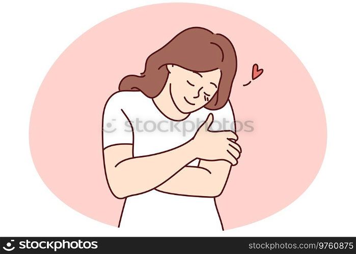 Happy young woman hugging herself show self-love and care. Smiling girl embrace body feeling secure and body positive. Vector illustration.. Happy girl hug herself