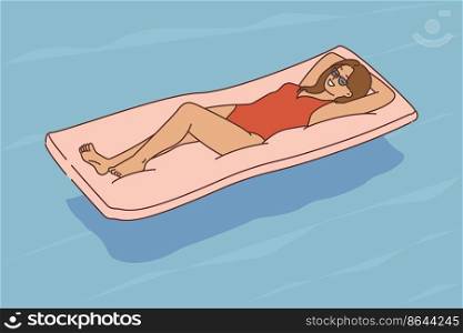 Happy young woman in bikini swimming in pool on summer vacation. Happy girl in swimsuit enjoy summertime in water. Vector illustration. . Happy woman in bikini in pool 