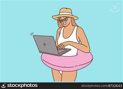 Happy young woman in inflatable ring working on computer during summer holidays. Smiling female freelancer use laptop at beach. Freelance concept. Vector illustration. . Happy woman work on laptop on beach 