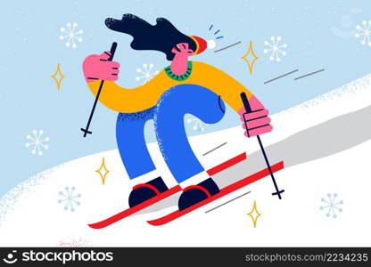 Happy young woman in outerwear have fun skiing in mountain resort. Smiling girl relax on winter holidays sliding down hill. Active vacation and entertainment concept. Vector illustration. . Happy girl skiing on winter holidays in mountains