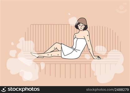 Happy young woman in towel relax in sauna enjoy bodycare procedures. Smiling girl rest in bathhouse with hot steam, take acre of health and wellness. Flat vector illustration. . Young woman in towel relax in sauna