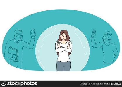 Happy young woman inside bubble ignore angry people arguing. Smiling girl separated from crowd or society. Social isolation and distraction concept. Flat vector illustration.. Happy woman isolated from crowd sitting in bubble