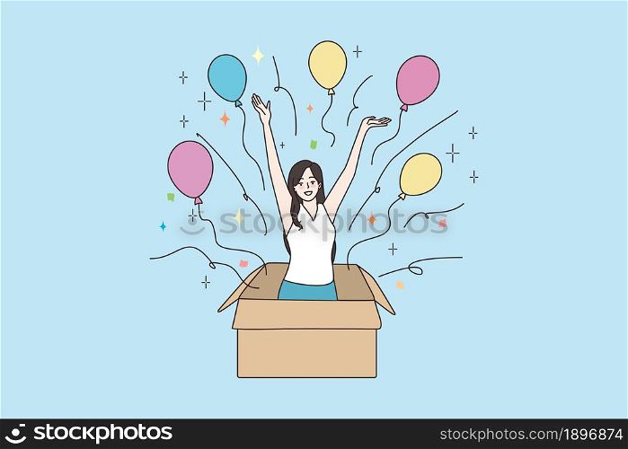 Happy young woman jump out of box with balloons make birthday surprise. Smiling millennial girl have fun greet congratulate man on anniversary. Celebration, party. Flat vector illustration.. Smiling woman jump out from box making surprise
