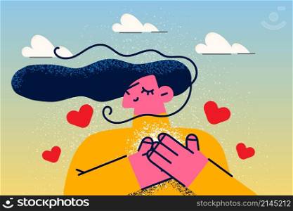 Happy young woman keep hands at heart chest feel grateful and thankful. Smiling girl show gratitude and kindness. Charity and volunteer work concept. Love and care share. Vector illustration. . Happy woman with hands at heart feel grateful