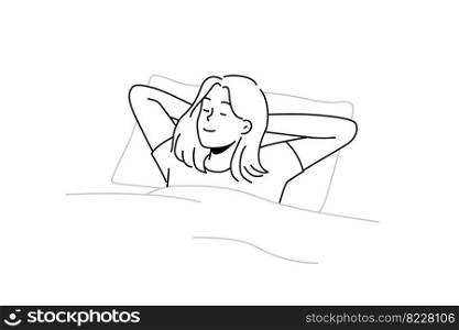 Happy young woman lying in bed sleeping. Smiling girl relax in bedroom dreaming or napping. Relaxation and comfort. Vector illustration. . Happy woman lying in bed sleeping 