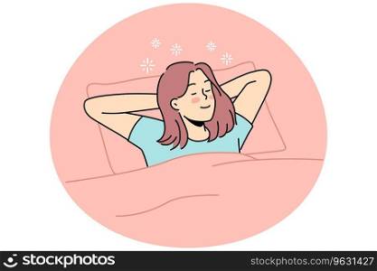 Happy young woman lying in bed sleeping. Smiling girl relax in bedroom dreaming or napping. Relaxation and comfort. Vector illustration.. Happy woman lying in bed sleeping
