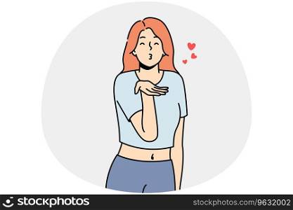 Happy young woman make hand gesture send air kisses. Smiling girl share love and affection. Romance and relationship. Vector illustration.. Smiling woman send air kisses
