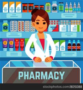 Happy young woman pharmacist sells medications in pharmacy interior. Pharmacology and healthcare vector concept. Medical shop and store, pharmaceutical drugstore illustration. Happy young woman pharmacist sells medications in pharmacy interior. Pharmacology and healthcare vector concept