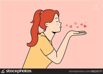 Happy young woman send air kisses. Smiling girl share love and affection. Like and care demonstration. Vector illustration. . Happy woman send air kisses