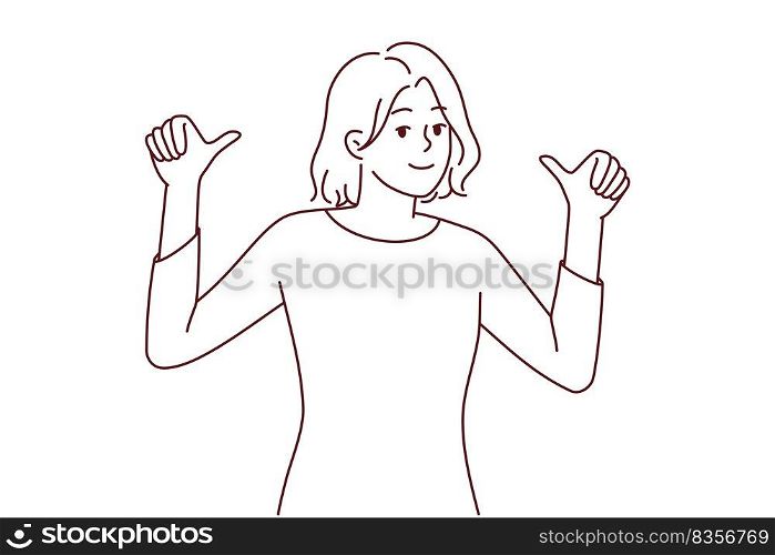 Happy young woman show thumbs up pointing at her. Smiling female feel confident and successful recommend candidature. Vector illustration.. Happy woman point at herself