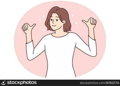 Happy young woman show thumbs up pointing at her. Smiling female feel confident and successful recommend candidature. Vector illustration.. Happy woman point at herself