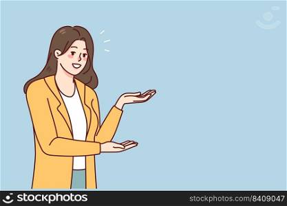 Happy young woman showing blank copy space for advertising placement. Smiling female recommend good sale deal or offer. Client recommendation. Vector illustration. . Young woman showing copy space