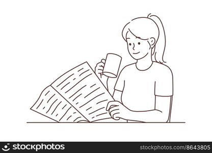 Happy young woman sit at table drinking coffee reading newspaper. Smiling girl enjoy magazine with morning cup of tea. Daily habits. Vector illustration. . Happy woman drink coffee read newspaper 