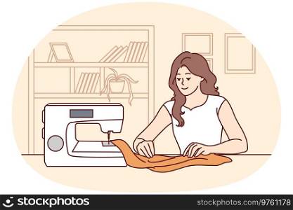 Happy young woman sit at table sew on machine at home. Smiling female seamstress or dressmaker working creating clothes. Hobby concept. Vector illustration.. Happy woman sewing on machine at home