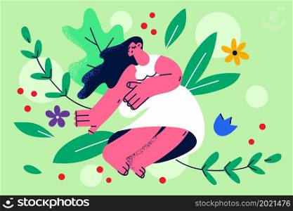 Happy young woman sit in flowers show love and care to nature. Smiling millennial girl surrounded by floral composition and greenery demonstrate female mental health stability. Vector illustration. . Happy woman sit in flowers field feel calm