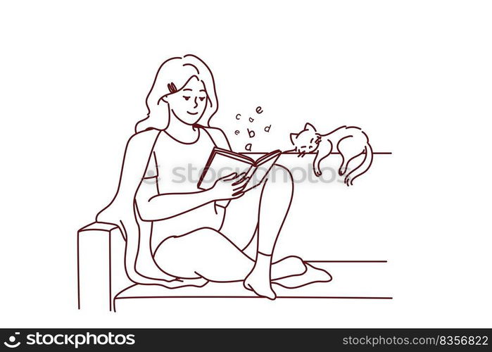 Happy young woman sit on sofa reading book with cat sleeping near. Calm relaxed girl rest on couch with novel enjoy weekend with pet. Vector illustration.. Happy woman sit on sofa reading book