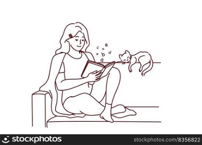 Happy young woman sit on sofa reading book with cat sleeping near. Calm relaxed girl rest on couch with novel enjoy weekend with pet. Vector illustration.. Happy woman sit on sofa reading book