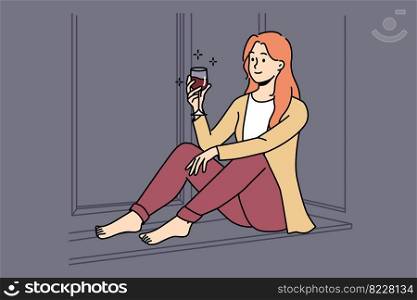 Happy young woman sit on windowsill at home relax with glass of red wine. Smiling girl rest indoors on weekend with drink. Relaxation. Vector illustration. . Happy woman relax at home with red wine 