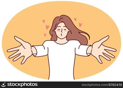 Happy young woman stretch arms waiting for love and kisses. Smiling girl share affection and feelings. Vector illustration.. Happy woman stretch hands ready for kiss