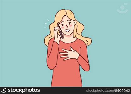 Happy young woman talk on cellphone gadget. Smiling girl have fun enjoy pleasant smartphone conversation or call. Technology concept. Vector illustration. . Smiling woman talk on smartphone