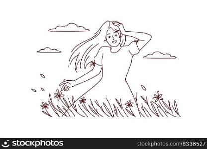 Happy young woman walking in summer field enjoying goo day. Smiling girl in countryside have recovery from mental illness. Vector illustration. . Happy woman walking in summer field