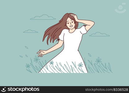 Happy young woman walking in summer field enjoying goo day. Smiling girl in countryside have recovery from mental illness. Vector illustration. . Happy woman walking in summer field