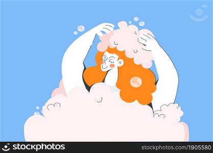 Happy young woman wash hair with shampoo, get bath or shower at home. Smiling millennial redhead girl clean head foam and bubble. Beauty treatment procedure, hygiene. Vector illustration. . Smiling woman wash hair with foamy shampoo