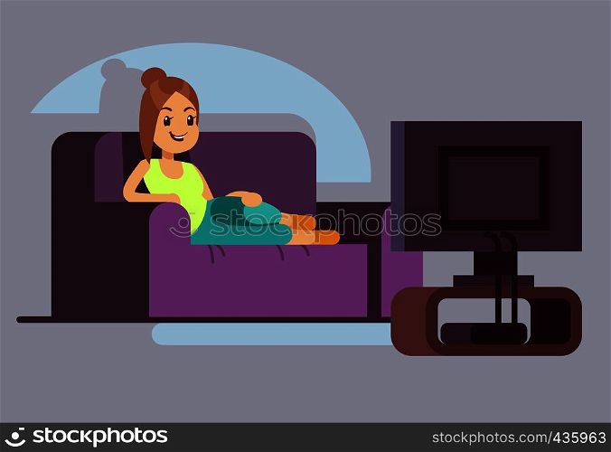 Happy young woman watching tv and lying on sofa. Recreation pastime vector concept. Woman watch tv on couch, relaxation sitting illustration. Happy young woman watching tv and lying on sofa. Recreation pastime vector concept