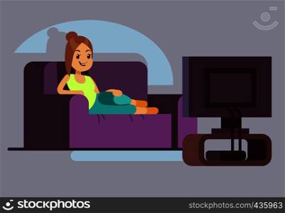 Happy young woman watching tv and lying on sofa. Recreation pastime vector concept. Woman watch tv on couch, relaxation sitting illustration. Happy young woman watching tv and lying on sofa. Recreation pastime vector concept