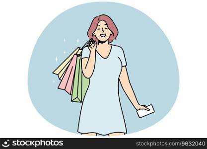 Happy young woman with bags excited with shopping in mall or store. Smiling girl overjoyed with purchases. Consumerism concept. Vector illustration.. Smiling woman with bags excited with shopping