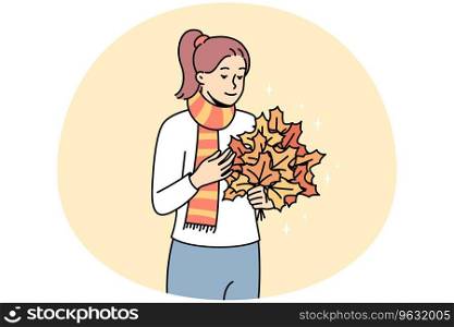 Happy young woman with bouquet of golden leaves in hands. Smiling girl enjoy gold autumn outdoors. Fall season. Vector illustration.. Happy woman with autumn leaves in hands