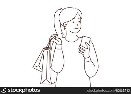 Happy young woman with cellphone and paper bags. Smiling girl shopping online on smartphone. Consumerism concept. Vector illustration. . Happy woman with cellphone and shopping bags 