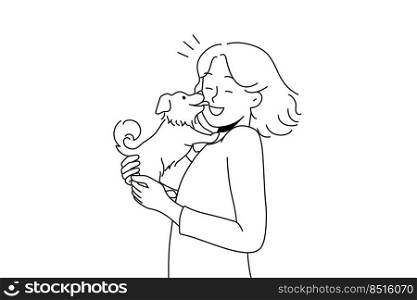 Happy young woman with cute dog in hands. Funny puppy lick smiling female owner show love and affection. Domestic animals. Vector illustration. . Funny puppy lick woman owner 