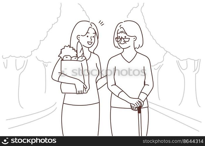 Happy young woman with grocery bag help elderly grandmother. Smiling caring girl assist senior granny outdoors. Vector illustration. . Girl with groceries help old grandmother 