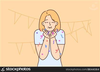 Happy young woman with party accessories celebrating birthday. Smiling girl have fun on anniversary celebration with decorations. Vector illustration. . Happy woman with party accessories celebrate birthday 