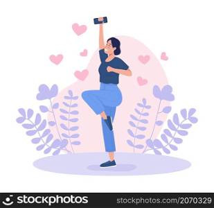 Happy young woman with smartphone 2D vector isolated illustration. Cheerful lady celebrating perfect matching flat character on cartoon background. Having success on dating app colourful scene. Happy young woman with smartphone 2D vector isolated illustration
