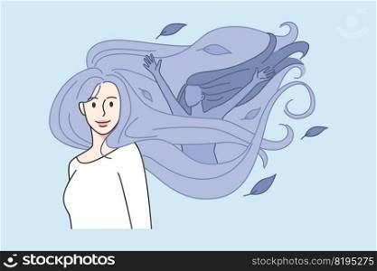Happy young woman with smiling female in hair being optimistic and positive. Joyful girl celebrate world mental health day. Stress and depression recovery. Vector illustration.. Happy woman feeling mental health recovery