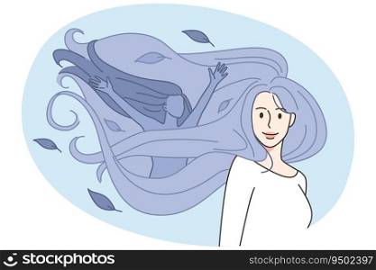 Happy young woman with smiling female in hair being optimistic and positive. Joyful girl celebrate world mental health day. Stress and depression recovery. Vector illustration.. Happy woman feeling mental health recovery
