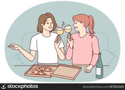 Happy young women sitting on couch at home eating pizza drinking wine. Smiling girls have fun enjoying food and leisure weekend together. Vector illustration.. Happy girls eat pizza drink wine