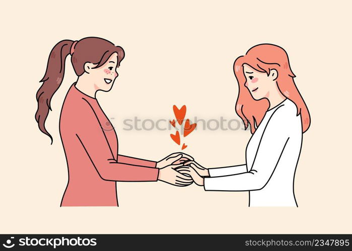 Happy young women touch hands share love and care in friend relationships. Concept of international human solidarity day. Charity and volunteer, good help. Flat vector illustration. . Happy friends show care for each other 