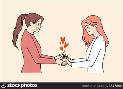 Happy young women touch hands share love and care in friend relationships. Concept of international human solidarity day. Charity and volunteer, good help. Flat vector illustration. . Happy friends show care for each other 
