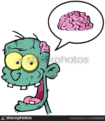 Happy Zombie Head Cartoon Character And Speech Bubble With Brain