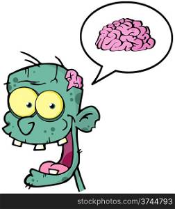 Happy Zombie Head Cartoon Character And Speech Bubble With Brain