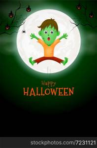 Happy zombie in moon night background. Halloween cartoon character design. Happy halloween concept. Illustration for banner, poster, greeting card, digital design.